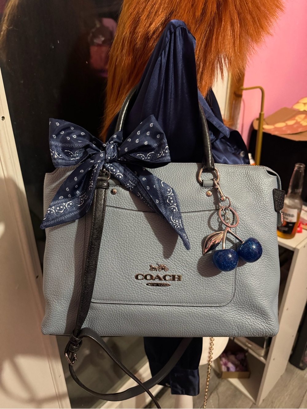 Coach Light Blue Leather Satchel with Navy Bandana Accent